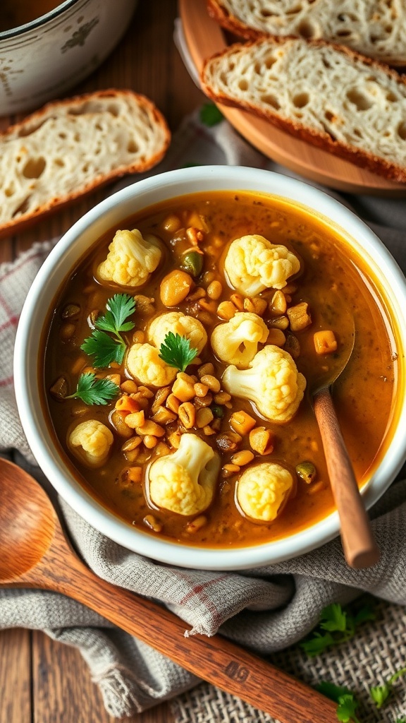 A bowl of cauliflower lentil soup with florets and lentils, garnished with parsley, on a wooden table with bread.